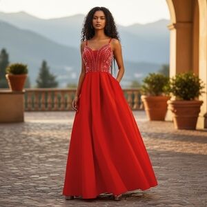 B Darlin Say Yes to the Prom Red Rhinestone Spaghetti Strap Long Prom Dress 7/8